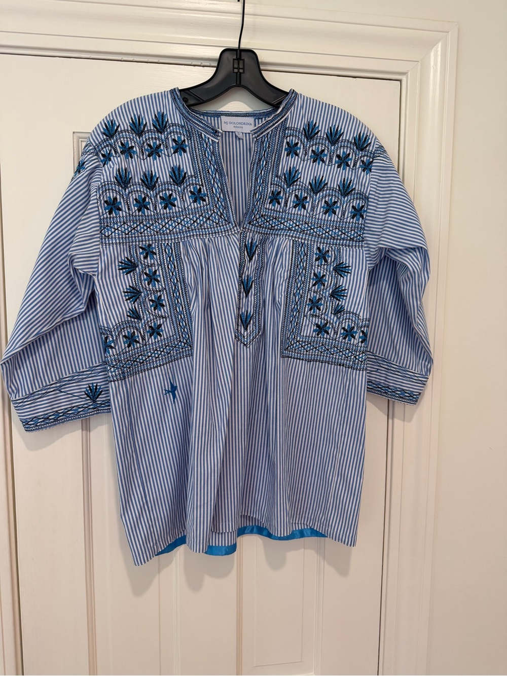Mi Golondrina Blue and White Striped Embroidered Top Size S